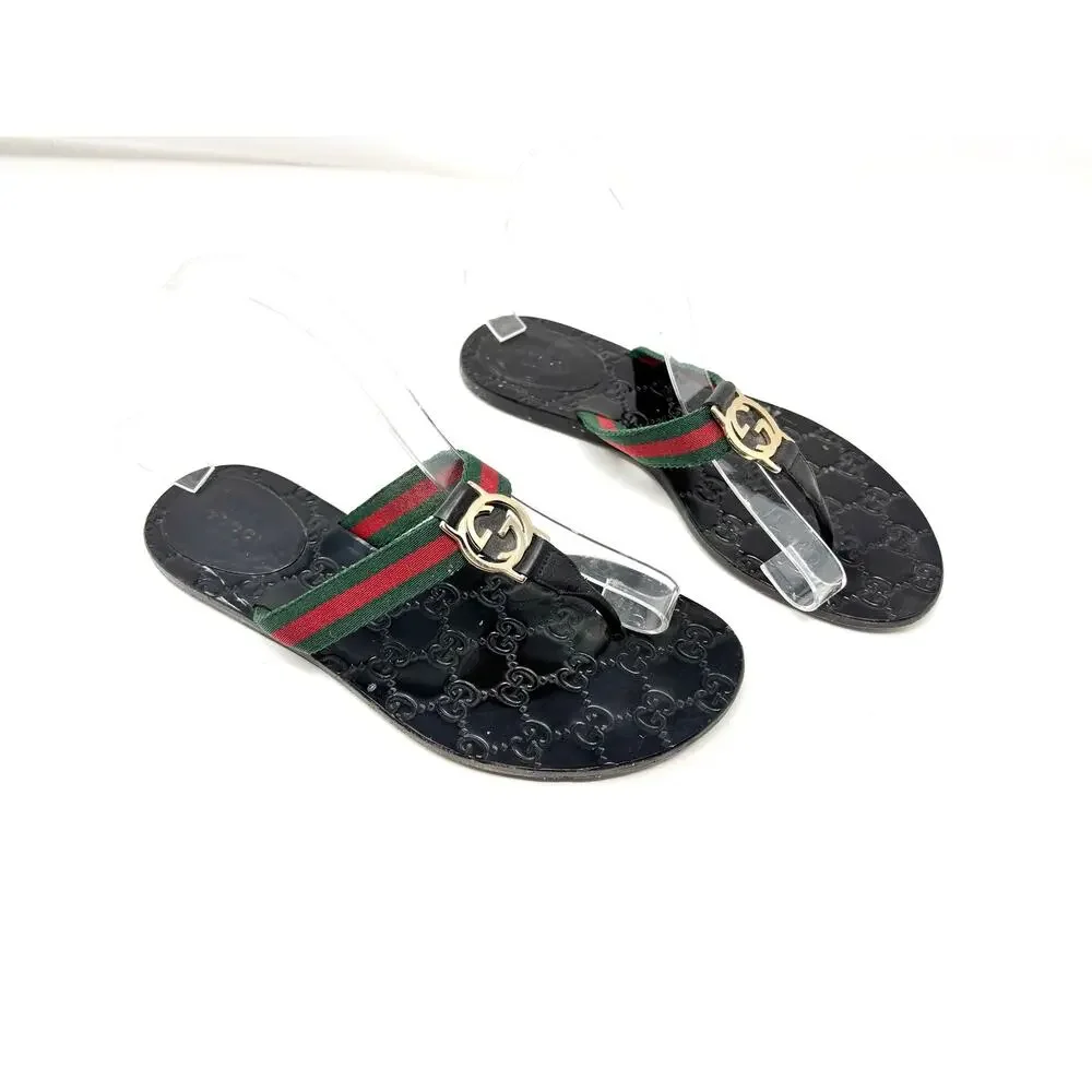 Gucci Interlocking GG Web Stripe Leather Thong Flat Sandal Slides EU 38.5 - Picture 1 of 6